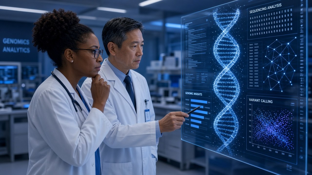 Clinicians reviewing genomic DNA analysis in a modern lab